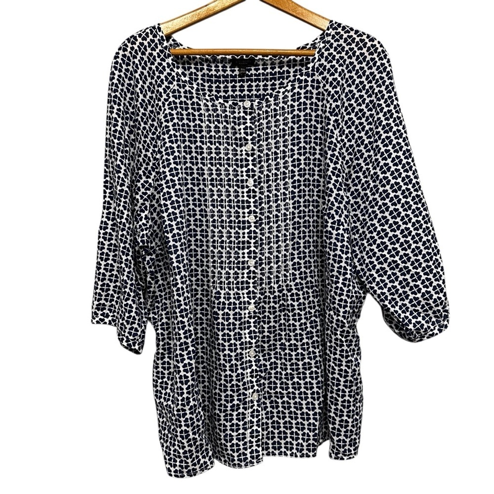 Talbots Blue White Floral Cotton Button Down Puffed 3/4 Sleeve Blouse Top 3XP
